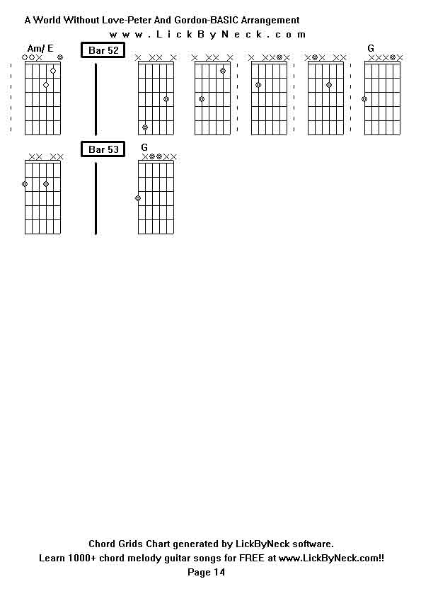 Chord Grids Chart of chord melody fingerstyle guitar song-A World Without Love-Peter And Gordon-BASIC Arrangement,generated by LickByNeck software.